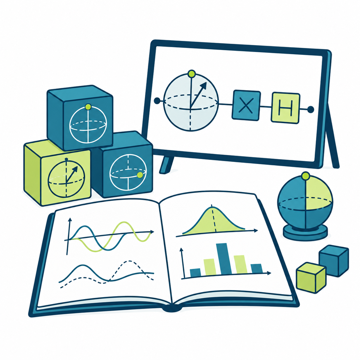Quantum teaching tools: a workbook, qubit models and a classroom board